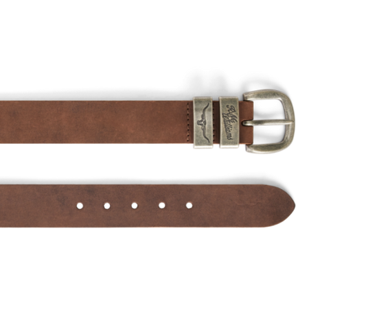 R.M.Williams - Drover Belt - Antique Nickel Hardware - Bark, showcasing the leather design and distinctive buckle.