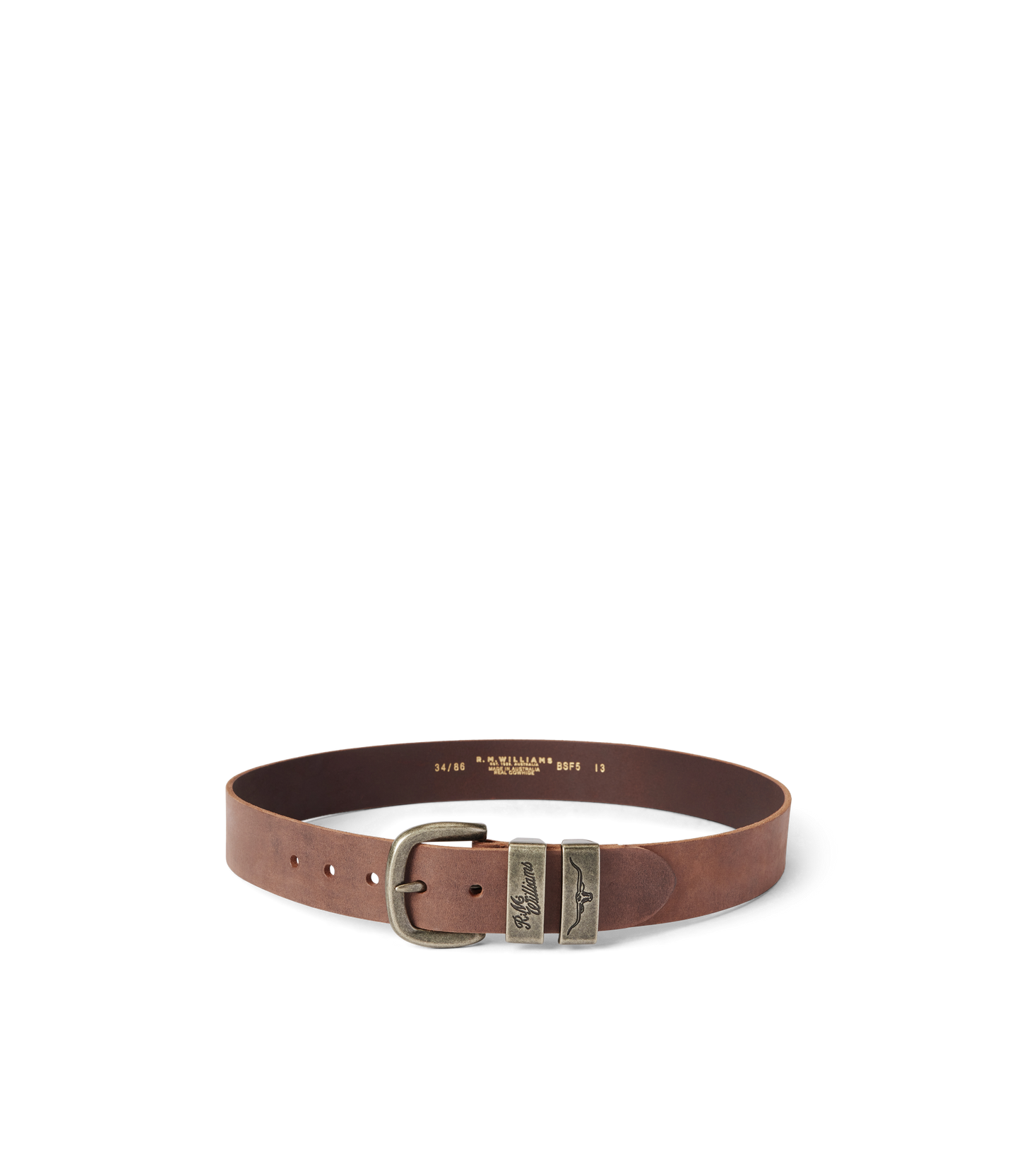 R.M.Williams - Drover Belt - Antique Nickel Hardware - Bark with heritage saddlery-inspired buckle.