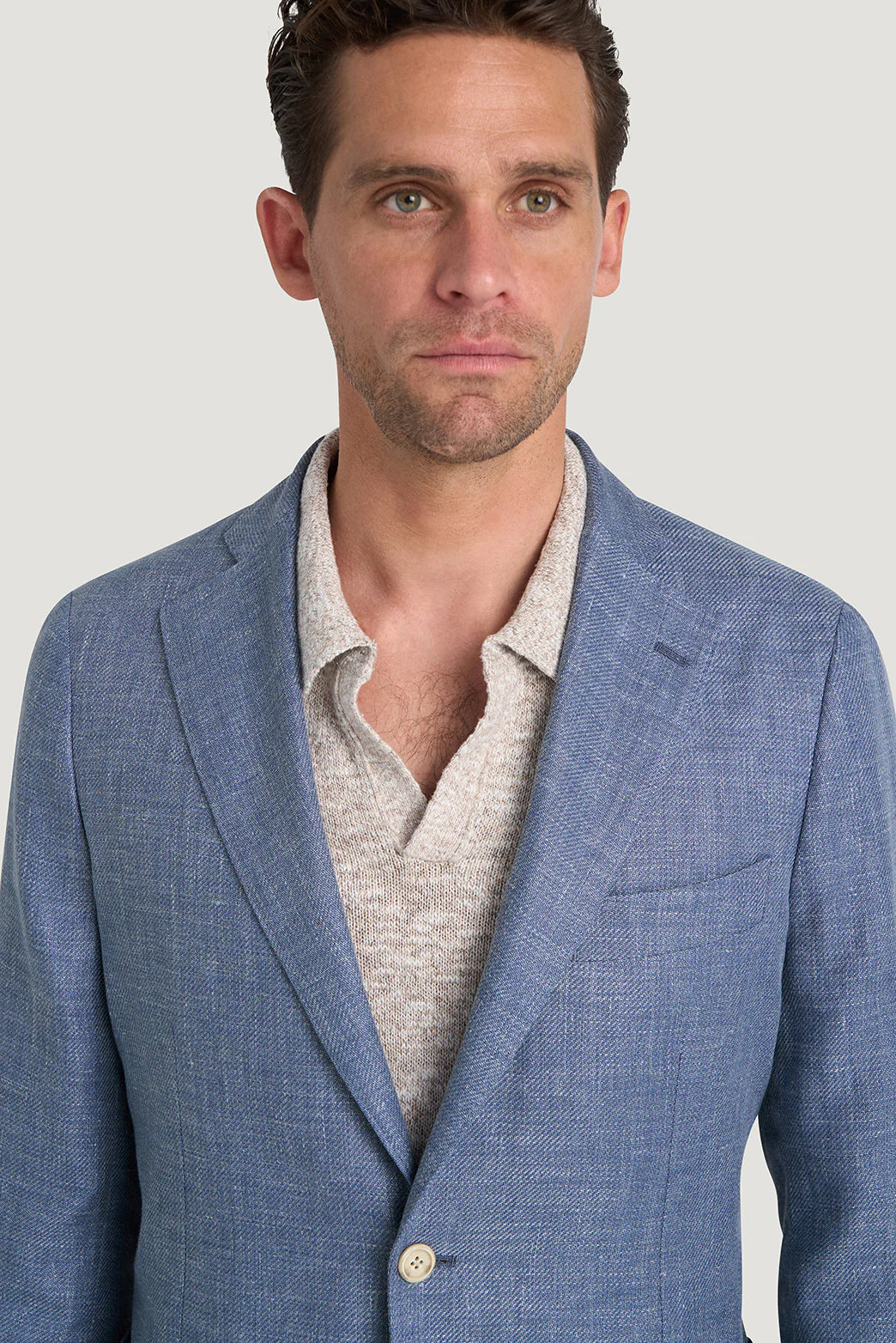 M.J.Bale - Beauford Jacket - Blue worn by a model, showcasing its light and breathable design.