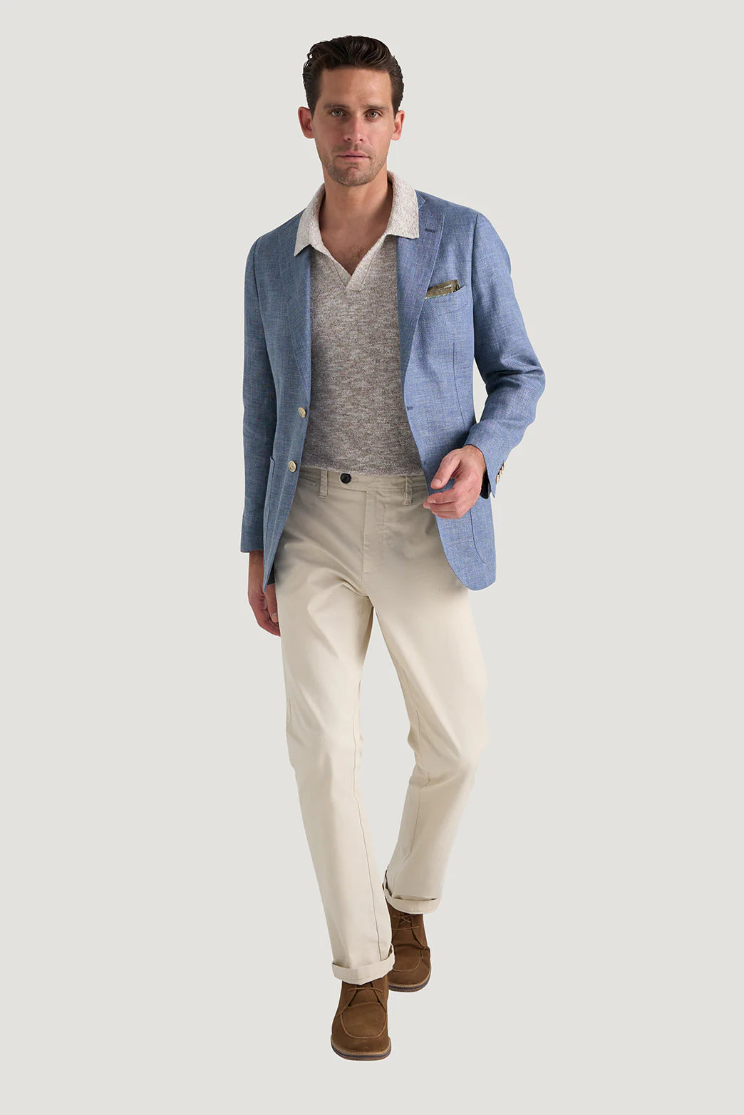 M.J.Bale - Beauford Jacket - Blue displayed on a model, showcasing its lightweight and stylish design.