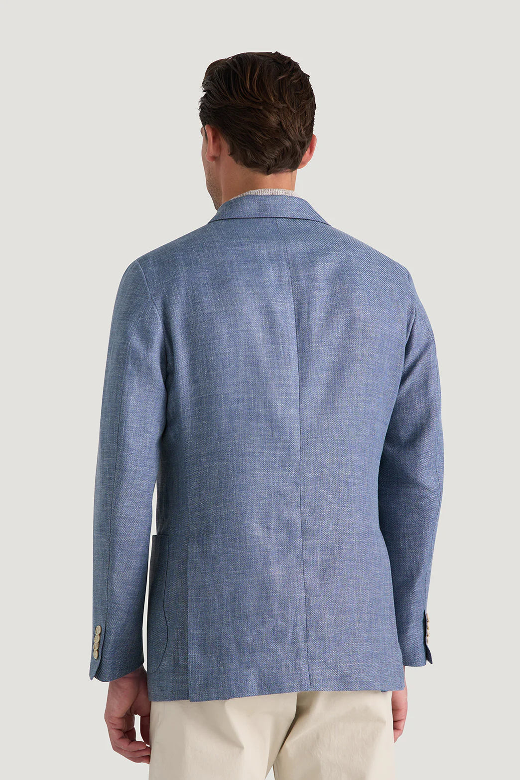 M.J.Bale - Beauford Jacket - Blue back view showcasing light European linen and BCI cotton melange twill design.