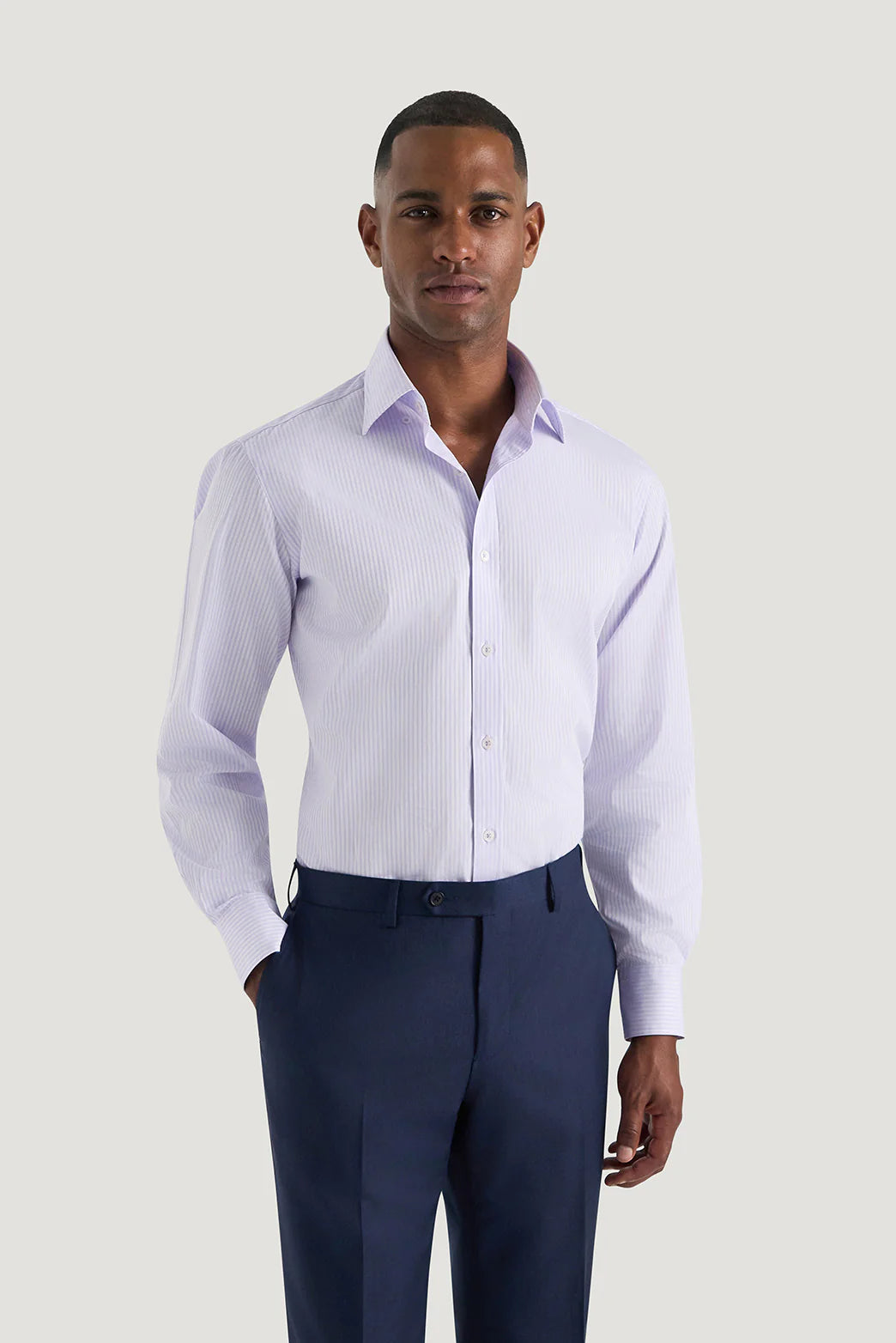 M.J. Bale - Beecher Shirt - Lilac - MULTIBUY worn by a model, showcasing its double-stripe design and slim fit silhouette.