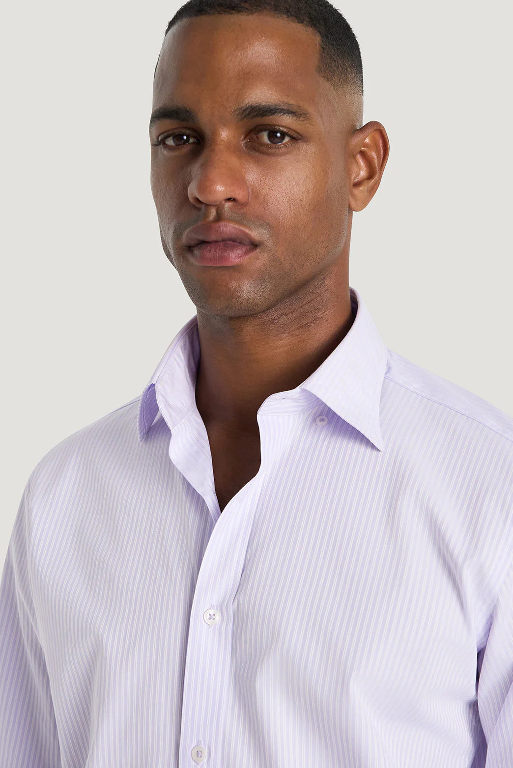 M.J. Bale - Beecher Shirt - Lilac - MULTIBUY worn by model featuring a slim fit and double-stripe pattern.