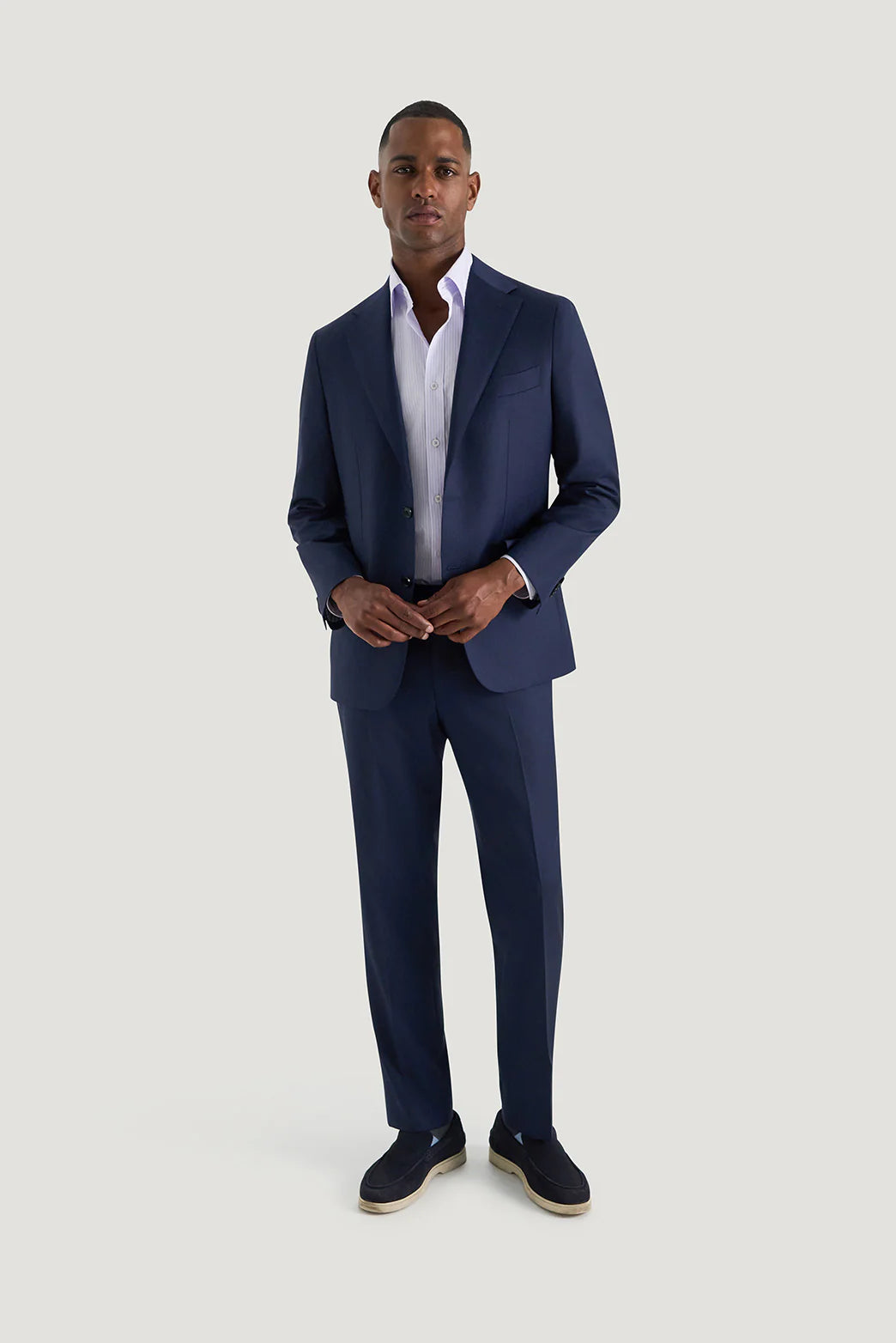M.J. Bale - Beecher Shirt - Lilac - MULTIBUY styled with a navy suit, showcasing a sophisticated and refined look.