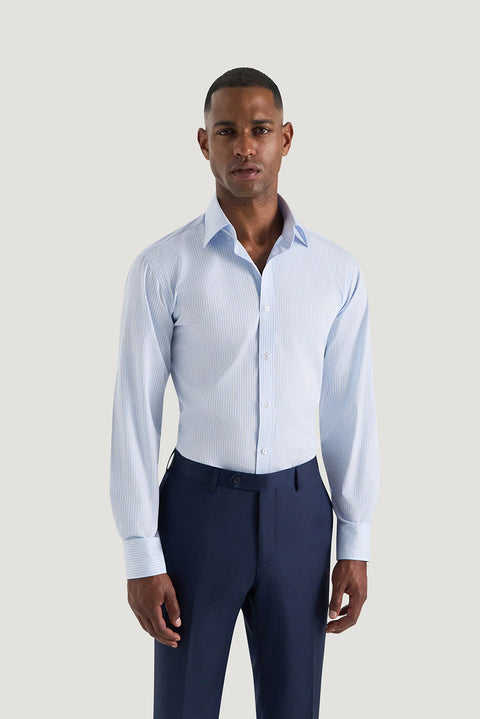 M.J. Bale - Beecher Shirt - Sky - MULTIBUY worn by a model, showcasing the shirt's slim fit and double-stripe pattern.