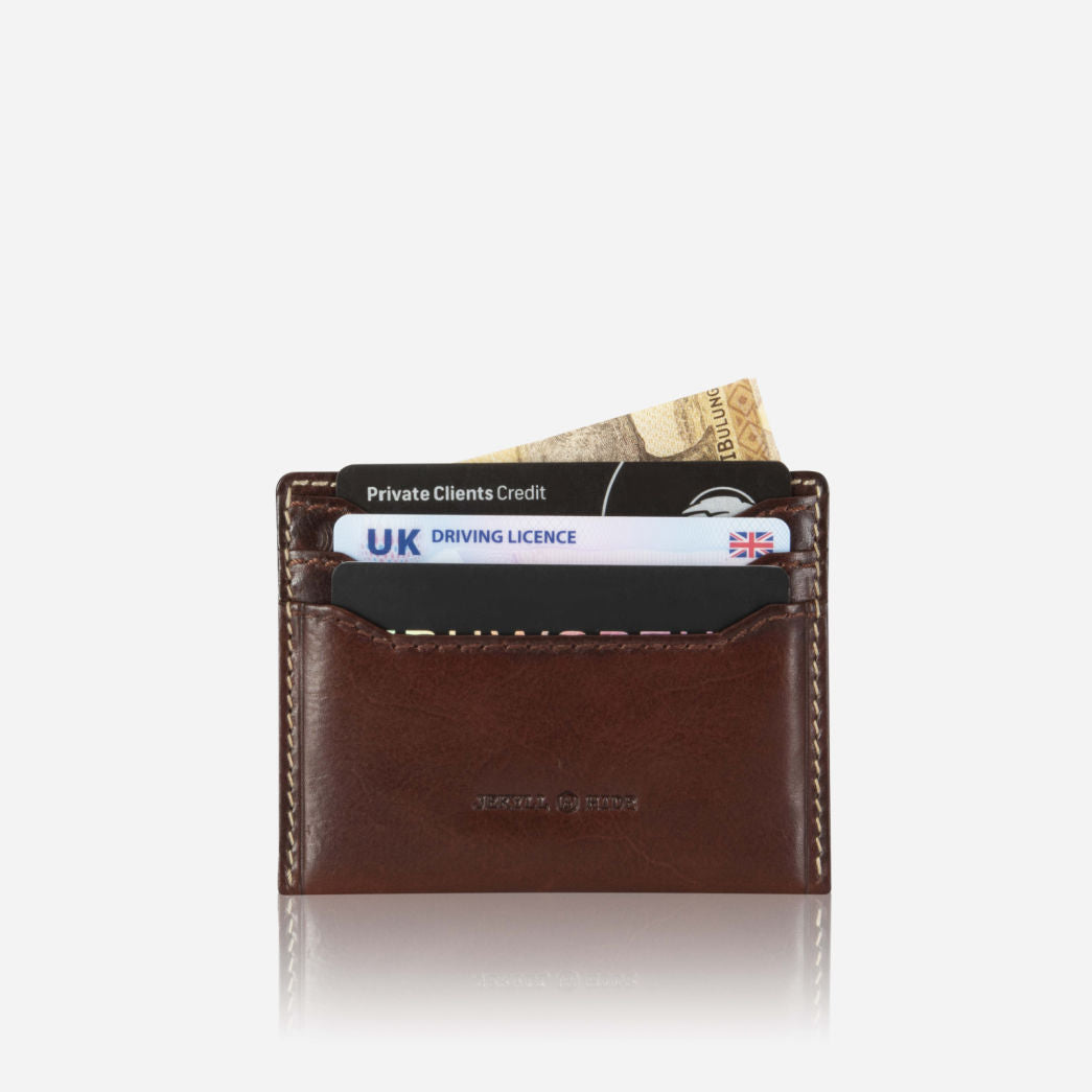 Jekyll and Hide - Leather Card Holder - Black | Mocha | Tan with cards and cash, showcasing minimalist design and RFID protection.