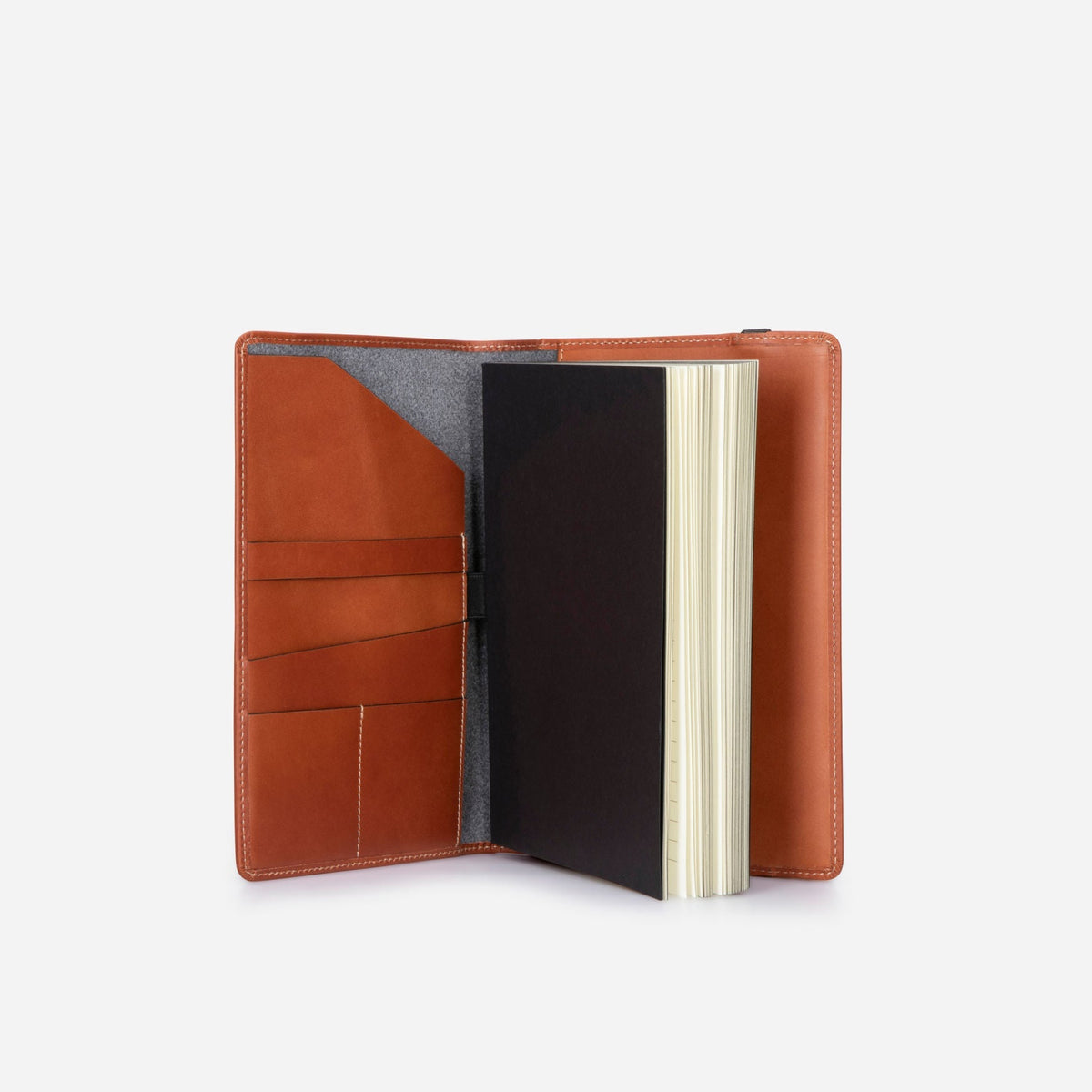 Jekyll and Hide - Leather A5 Notebook Cover - Tan | Mocha | Black | Lollipop open view showcasing its interior features.