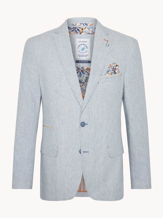 A Fish Named Fred - Linen Blazer - Stripe - Blue & White featuring a tailored fit and playful printed lining.