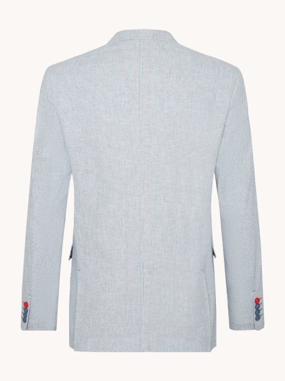 A Fish Named Fred - Linen Blazer - Stripe - Blue & White, back view showcasing tail and button details.