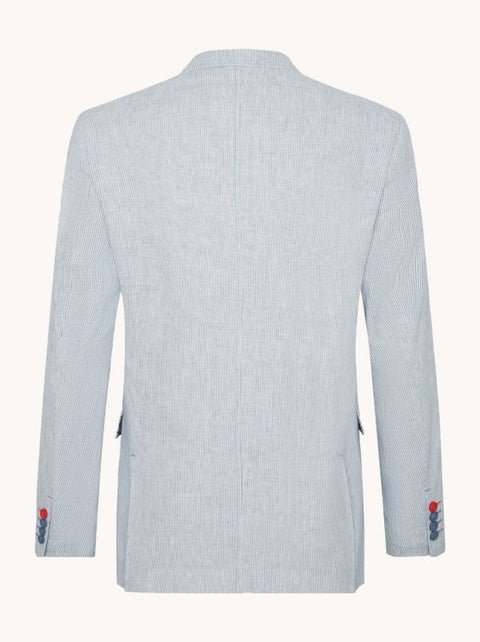 A Fish Named Fred - Linen Blazer - Stripe - Blue & White, back view showcasing tail and button details.