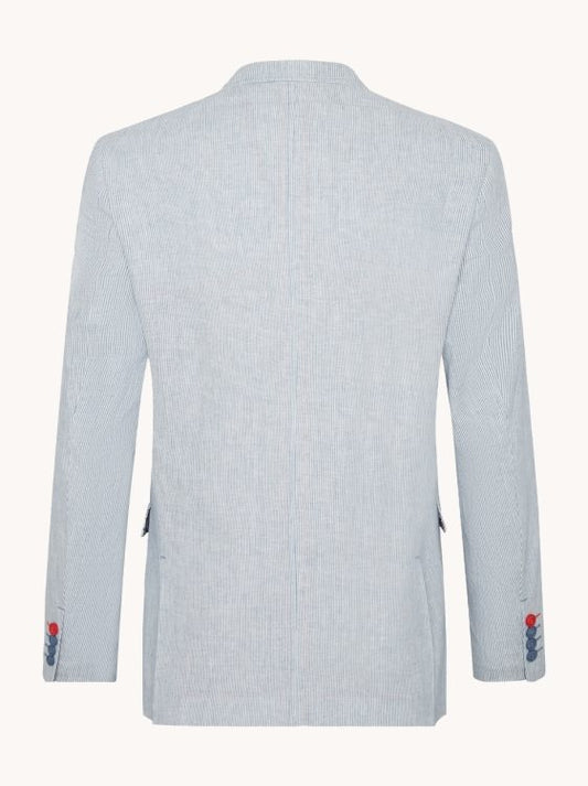 A Fish Named Fred - Linen Blazer - Stripe - Blue & White, back view showcasing tail and button details.