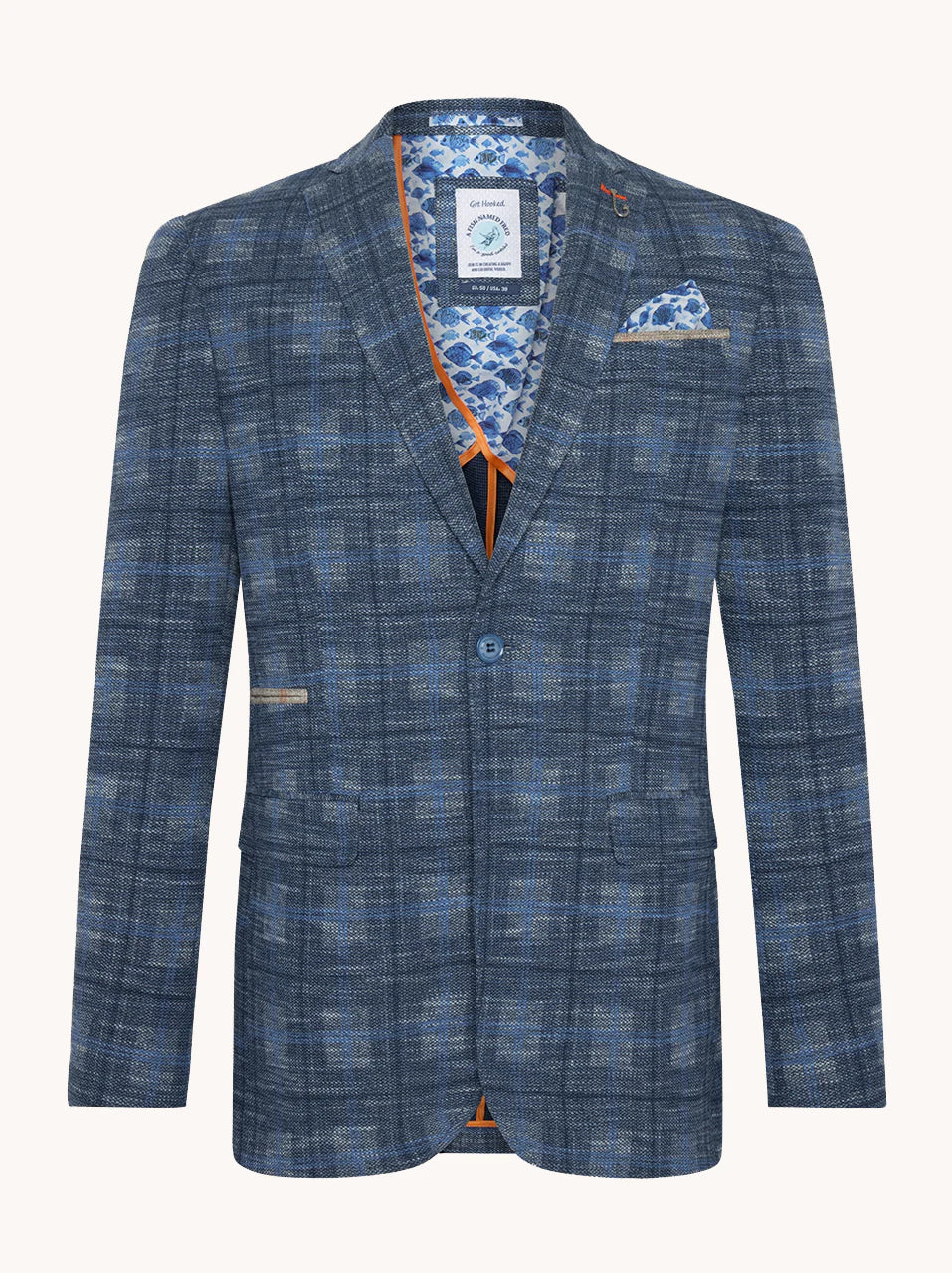 A Fish Named Fred - Big Check Blazer - Cobalt Blue featuring a textured large-check pattern and playful fish-print lining.