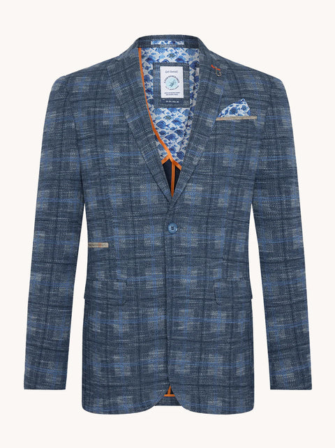 A Fish Named Fred - Big Check Blazer - Cobalt Blue featuring a textured large-check pattern and playful fish-print lining.