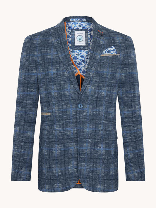 A Fish Named Fred - Big Check Blazer - Cobalt Blue featuring a textured large-check pattern and playful fish-print lining.