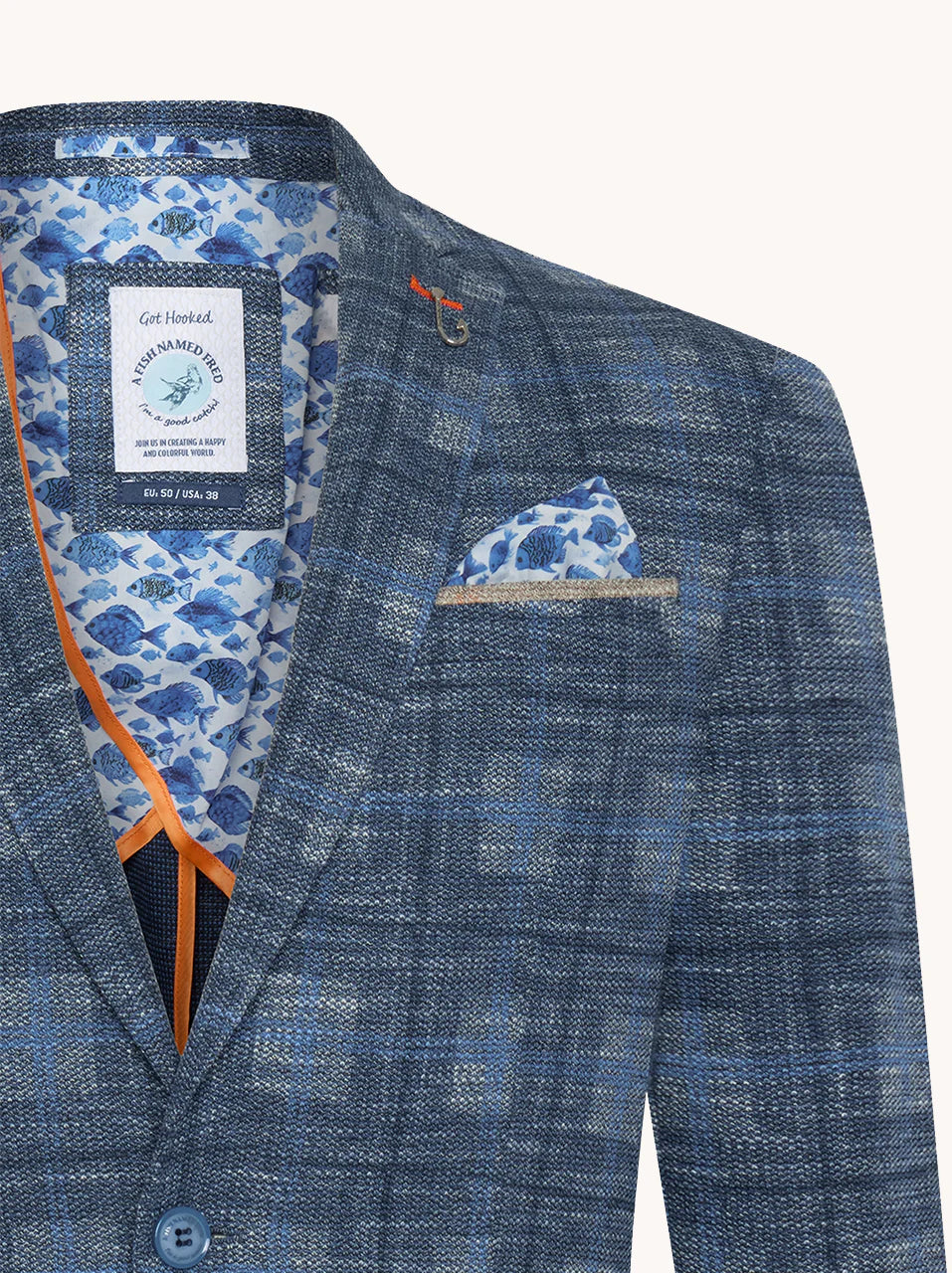 A Fish Named Fred - Big Check Blazer - Cobalt Blue featuring a textured pattern and playful fish-print lining.