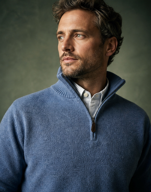 Ansett Clothing - Half  Zip Wool/Cashmere Pullover - Jersey Blue