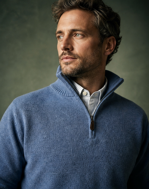Ansett Clothing - Half  Zip Wool/Cashmere Pullover - Jersey Blue