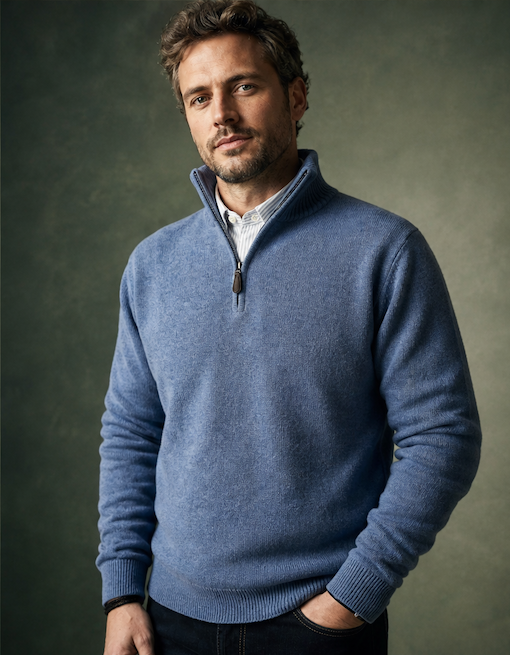 Ansett Clothing - Half  Zip Wool/Cashmere Pullover - Jersey Blue