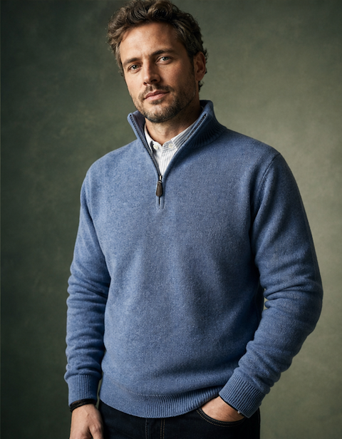 Ansett Clothing - Half  Zip Wool/Cashmere Pullover - Jersey Blue