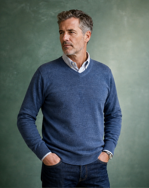 Ansett Clothing - Superwash V Neck Wool Jumper - Denim