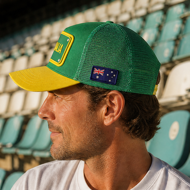 FIFA World Cup Australia Cap - Green. Man wearing a green and yellow cap with a logo in an outdoor setting.