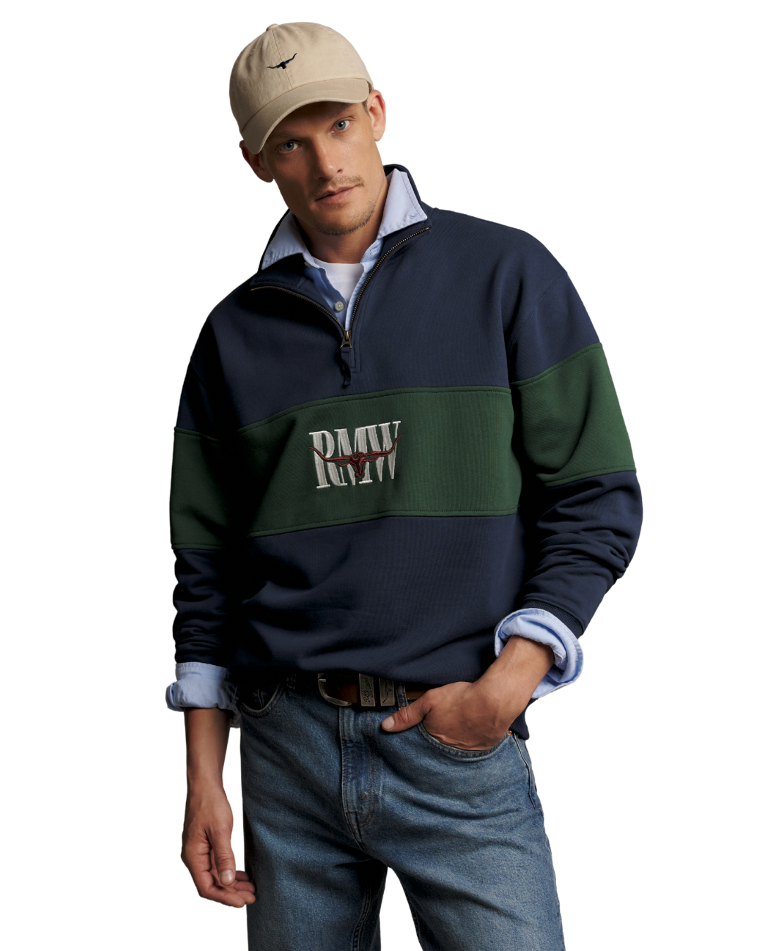 R.M.Williams Heritage Panel Quarter Zip Sweatshirt, Blue/Green