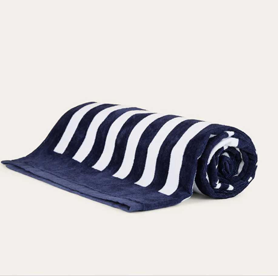 Ringers Western Striped Towel - Navy & White rolled towel showcasing navy and white stripes for style and comfort.