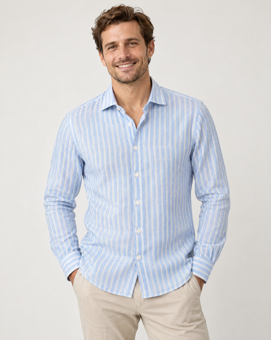 Daniel Hechter - Linen Cotton Blend Striped Shirt - Blue
