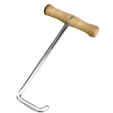Saddlery Trading Co boot hook with wooden handle and metal hook for pulling on boots.