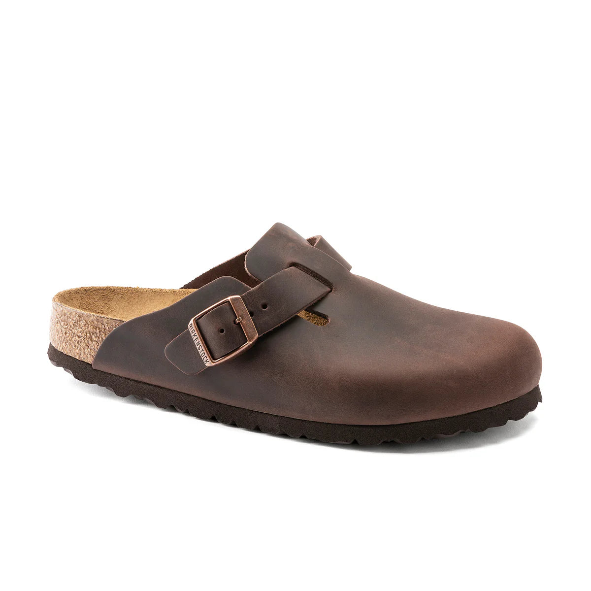 Birkenstock - Boston Oiled Leather - Regular Fit - Habana side view of classic clog with adjustable buckle.