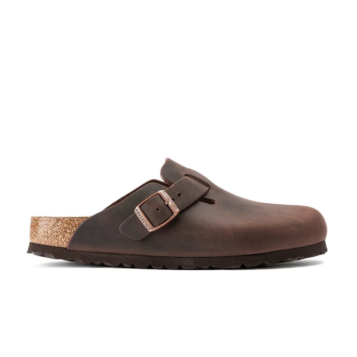 Birkenstock - Boston Oiled Leather - Regular Fit - Habana side view of brown clog with adjustable strap and buckle