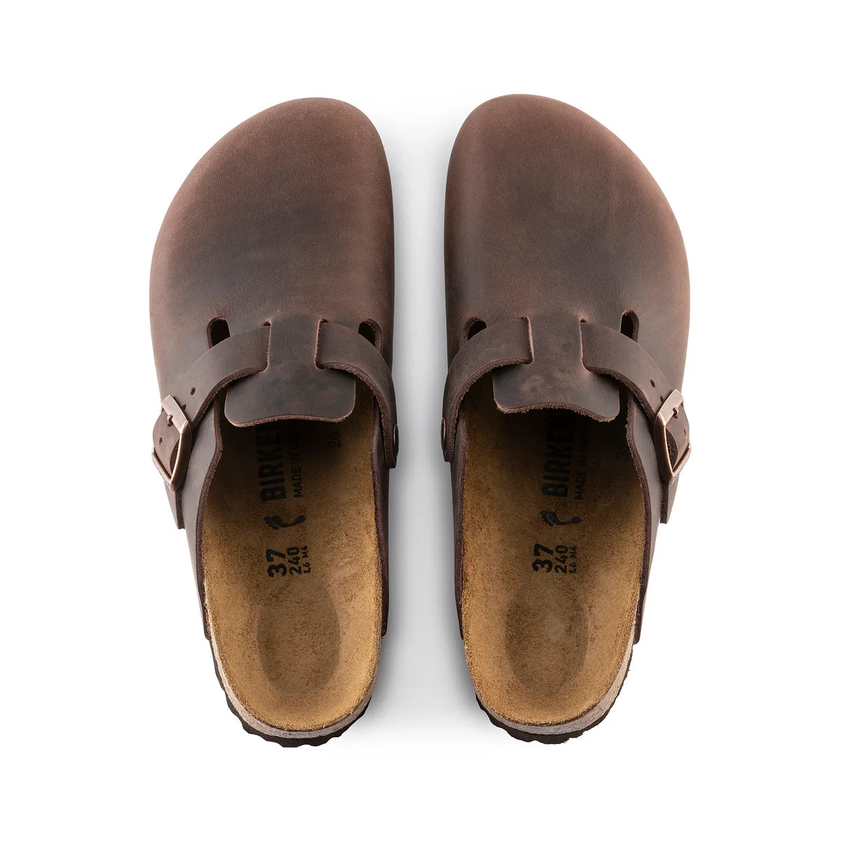Birkenstock - Boston Oiled Leather - Regular Fit - Habana top view showing adjustable strap and comfortable footbed.