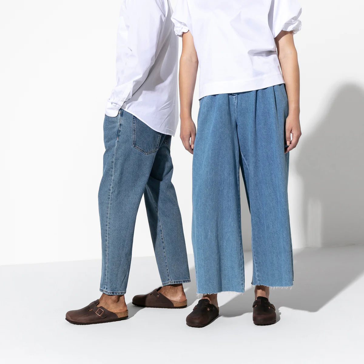 Birkenstock - Boston Oiled Leather - Regular Fit - Habana worn with stylish denim outfits.
