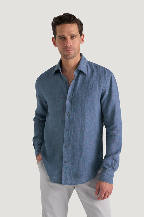 M.J. Bale - Bradfield Linen Shirt - Coastal Indigo - MULTIBUY displayed on a male model in casual attire.