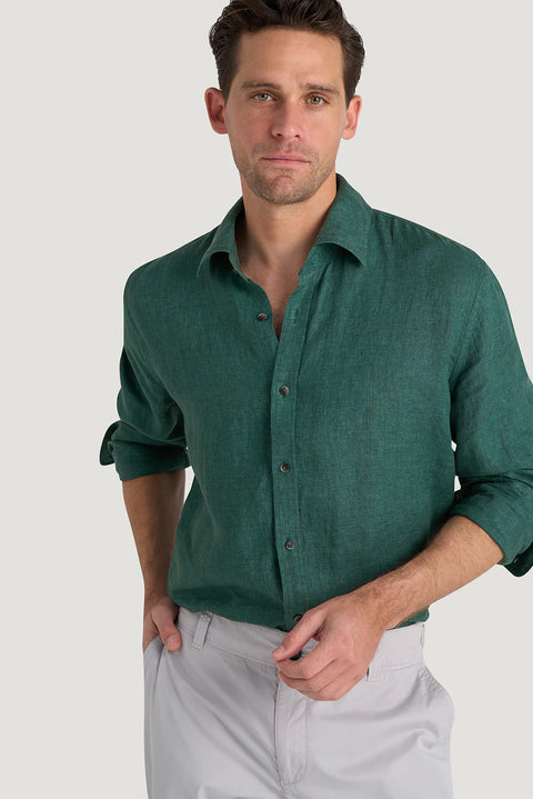 M.J. Bale - Bradfield Linen Shirt - Coastal Pine - MULTIBUY worn by a model, showcasing casual style and premium linen texture.