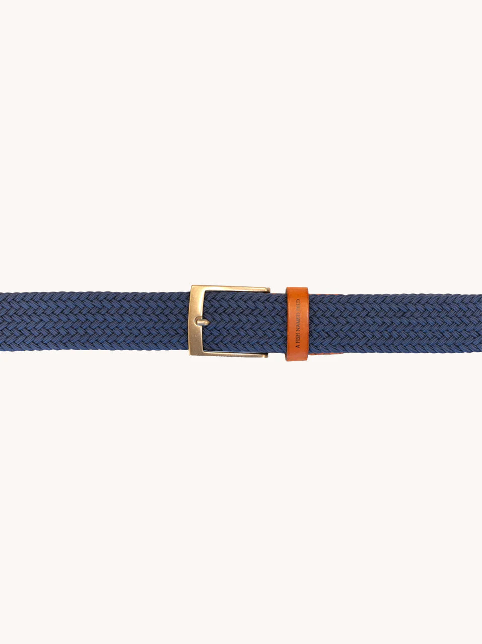 A Fish Named Fred - Braided Stretch Belt - Cobalt with tan leather tip and buckle, showcasing a flexible woven design.
