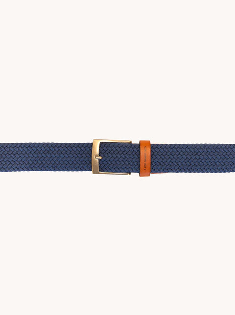 A Fish Named Fred - Braided Stretch Belt - Cobalt with tan leather tip and buckle, showcasing a flexible woven design.