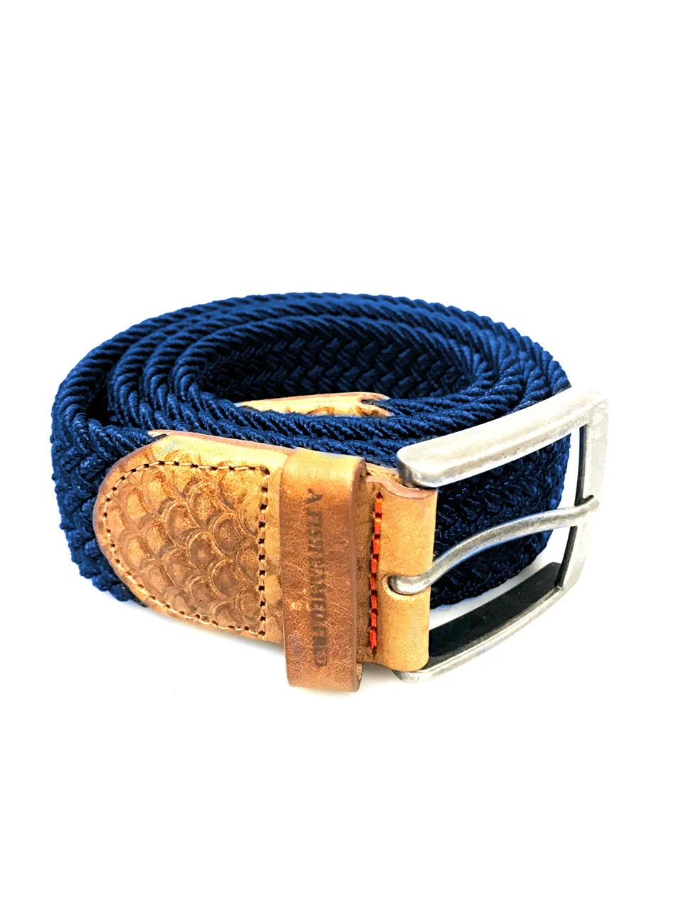 A Fish Named Fred - Braided Stretch Belt - Cobalt, featuring a woven design with tan leather tip and buckle.