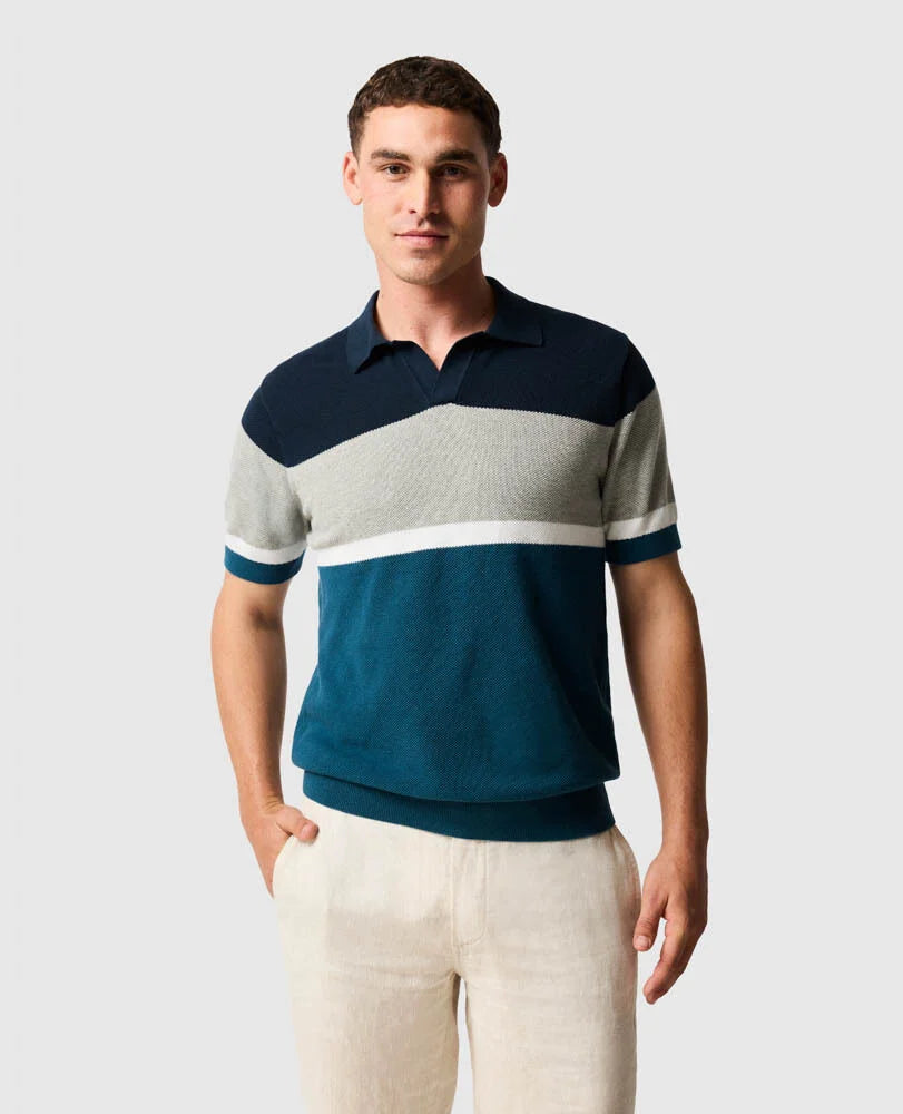Rodd & Gunn - Brunswick Knit Polo - Teal worn by a model showcasing engineered striped panels.