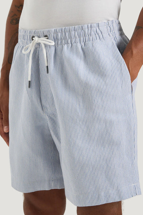 M.J. Bale - Byron Linen Blend Short - Stripe - Blue & White featuring a relaxed fit and elasticized waistband.