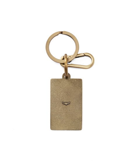 R.M.Williams - Heritage Logo Enamel Keyring - Chestnut showcasing brass hardware and classic design features.