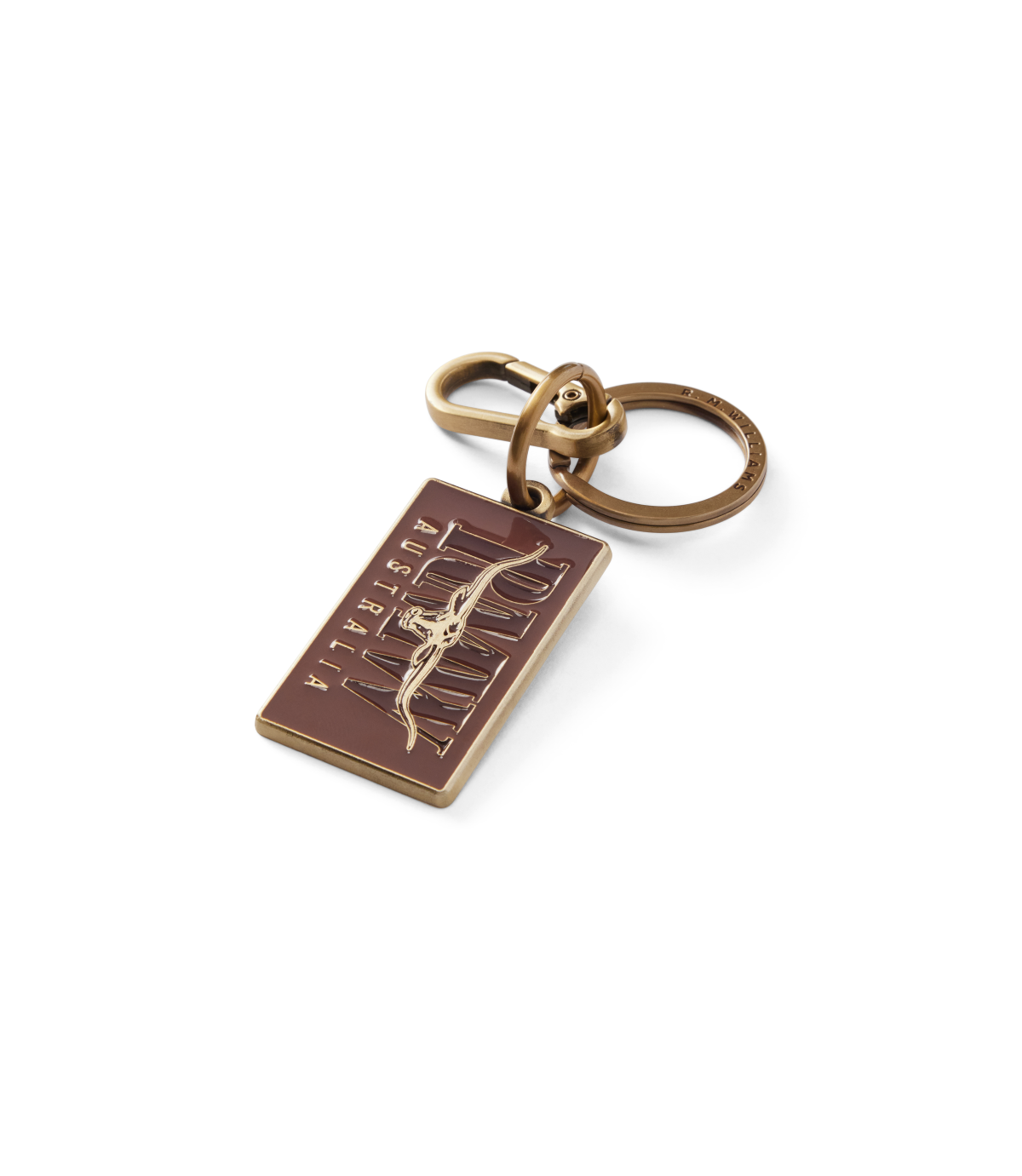 R.M.Williams - Heritage Logo Enamel Keyring - Chestnut with brass hardware and a split keyring design.