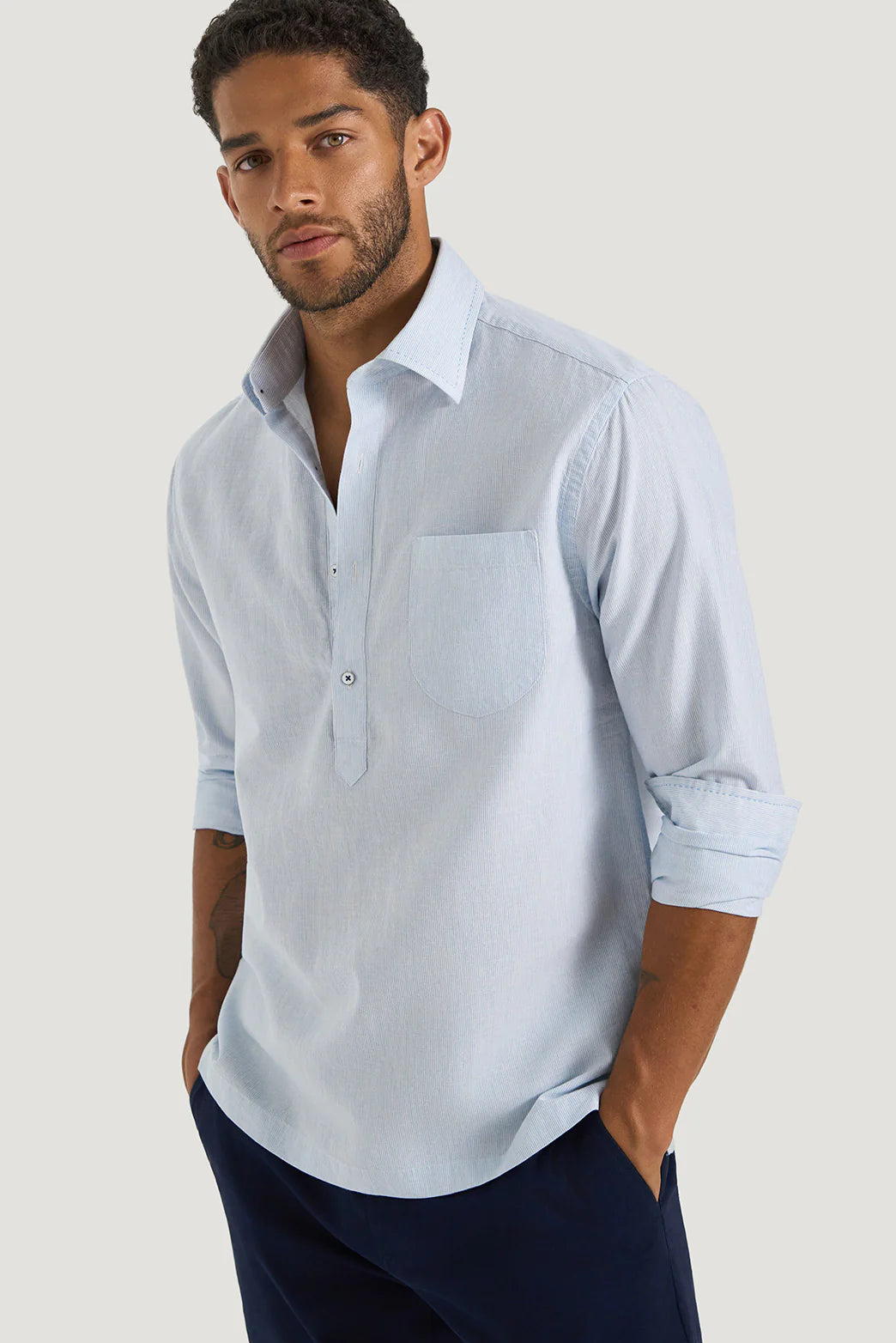 M.J. Bale - Caloundra Shirt - Micro Stripe - Sky - MULTIBUY displayed on model, showcasing casual fit and breathable cotton-linen blend.