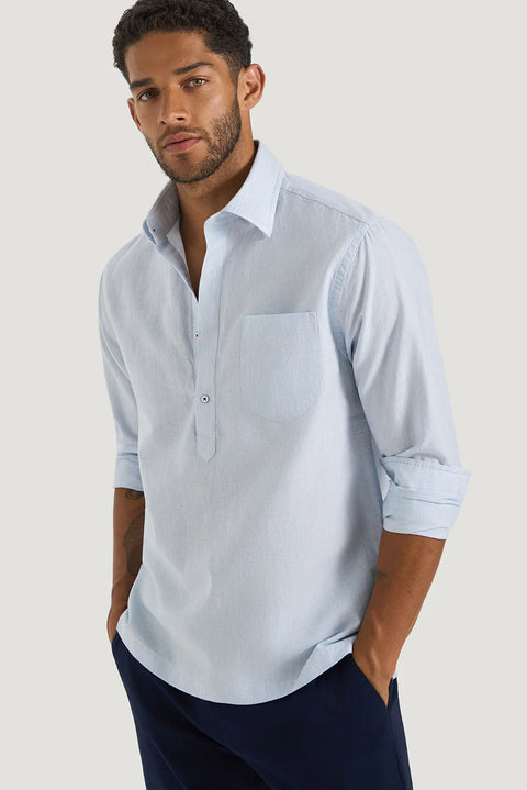 M.J. Bale - Caloundra Shirt - Micro Stripe - Sky - MULTIBUY displayed on model, showcasing casual fit and breathable cotton-linen blend.