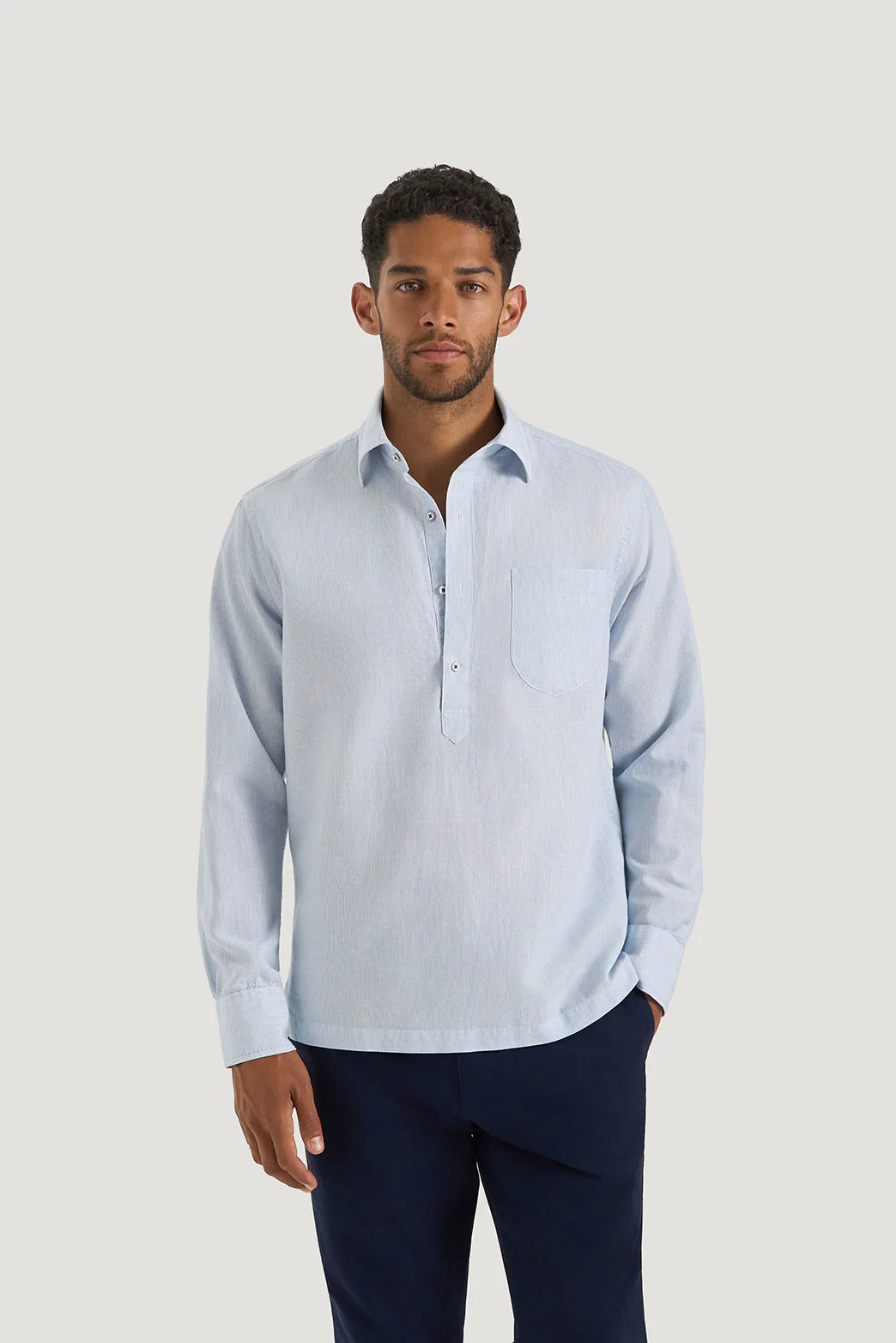M.J. Bale - Caloundra Shirt - Micro Stripe - Sky - MULTIBUY model wearing the stylish shirt in a casual fit.