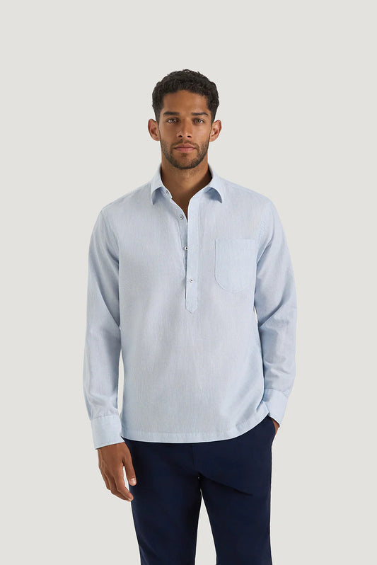 M.J. Bale - Caloundra Shirt - Micro Stripe - Sky - MULTIBUY model wearing the stylish shirt in a casual fit.