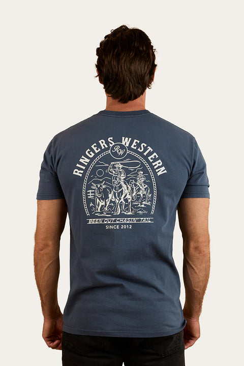 Ringers Western - Chasin Tail Stock Fit T-Shirt - Washed Navy featuring a back graphic representation of cowboy life.