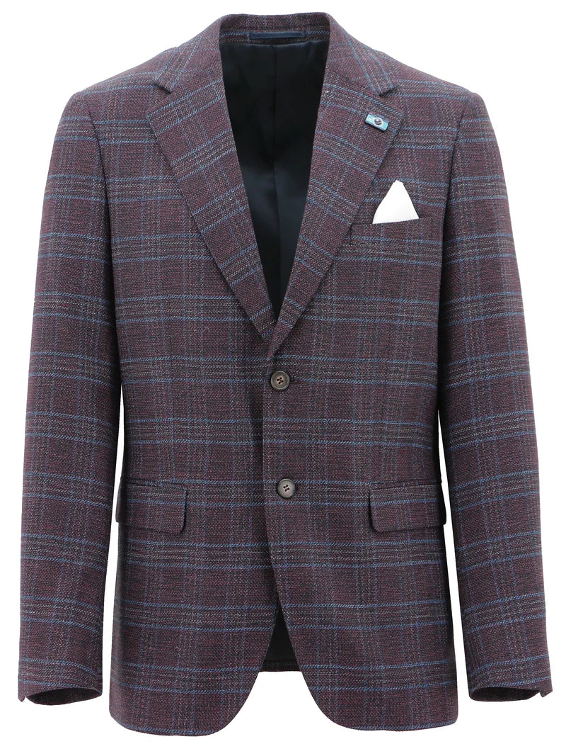 Christian Brookes - Turin Check Sportscoat - Burgundy displayed front view with refined check pattern and tailored design.