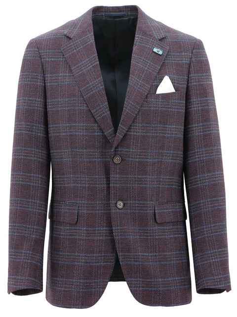 Christian Brookes - Turin Check Sportscoat - Burgundy displayed front view with refined check pattern and tailored design.