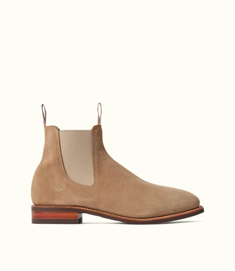 R.M.Williams - Comfort Craftsman - Suede - Raw Edge - Wood Ash - H Fit side view of a suede Chelsea boot